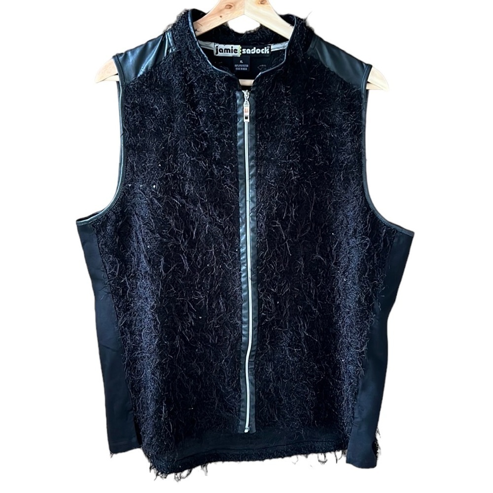 Jamie Sadock Eyelash Black Zippered Vest. Faux Leather Trim. Sporty Edgy XL